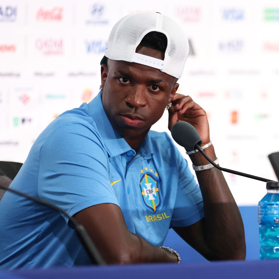 Vinicius Jr., de la selección de Brasil, durante una conferencia de prensa del Mundial 2026
